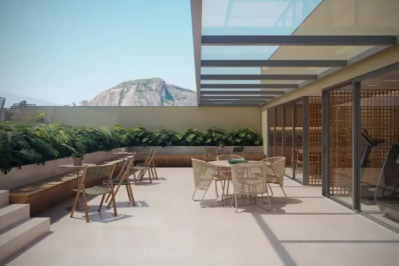 Espaço gourmet no rooftop com vista para o Rio de Janeiro